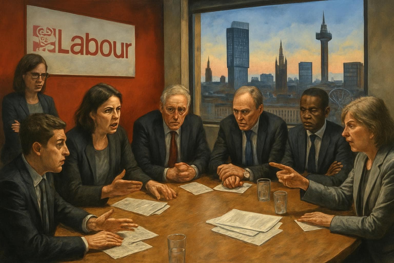 Labour members in a meeting room with Manchester skyline