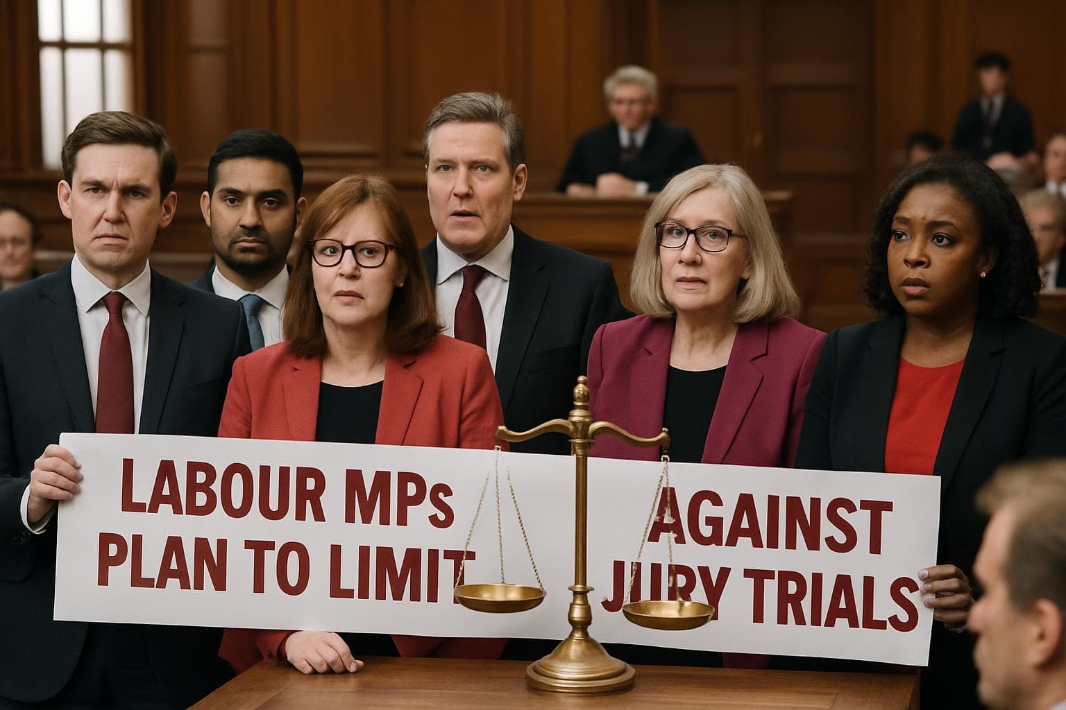 Labour MPs in courtroom with scales of justice