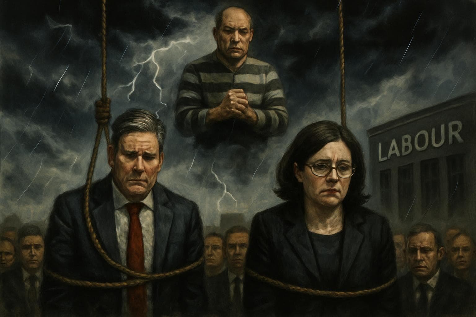 Two suspended Labour Party figures amid dark clouds