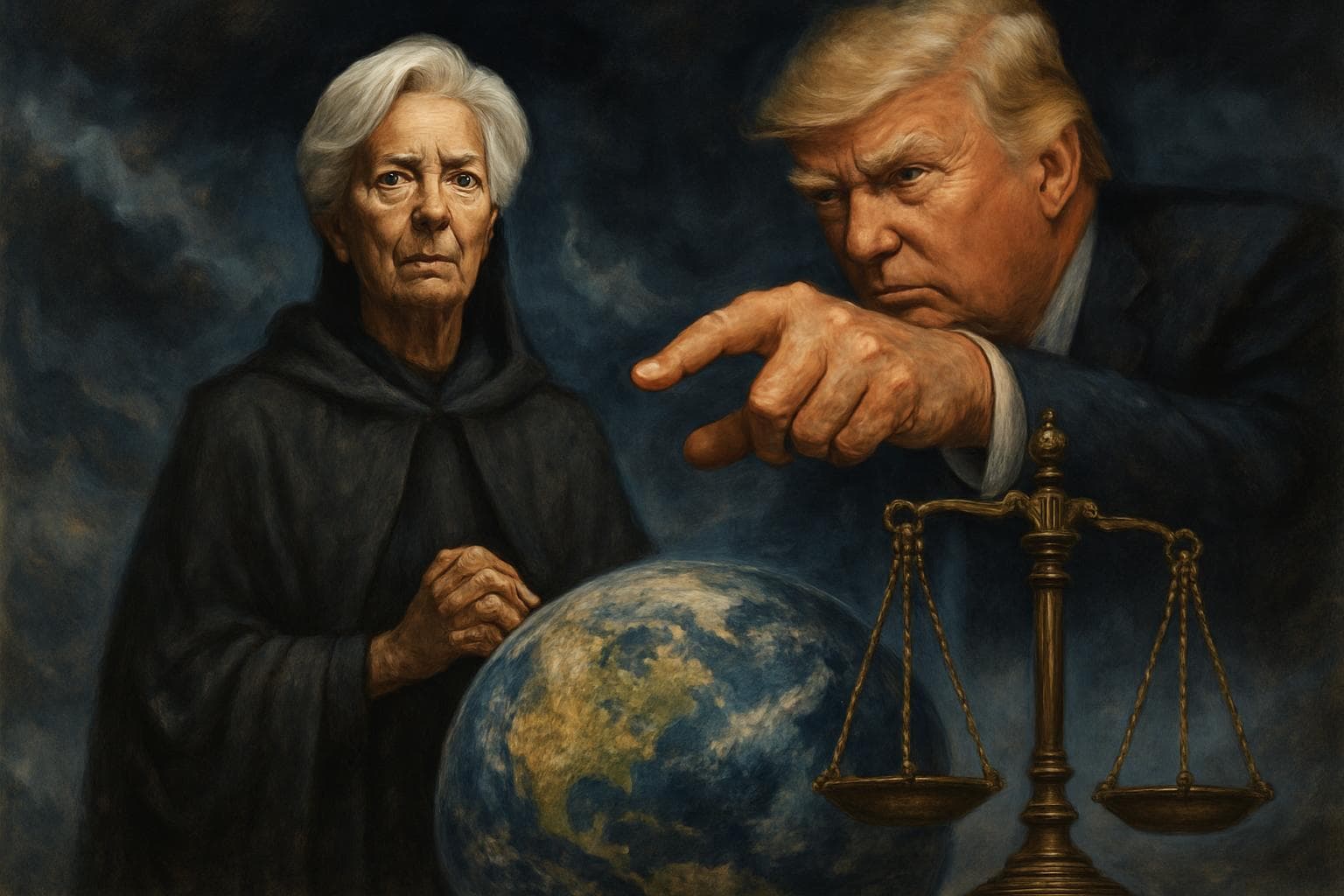 Christine Lagarde guarding a stormy globe with Trump's hand