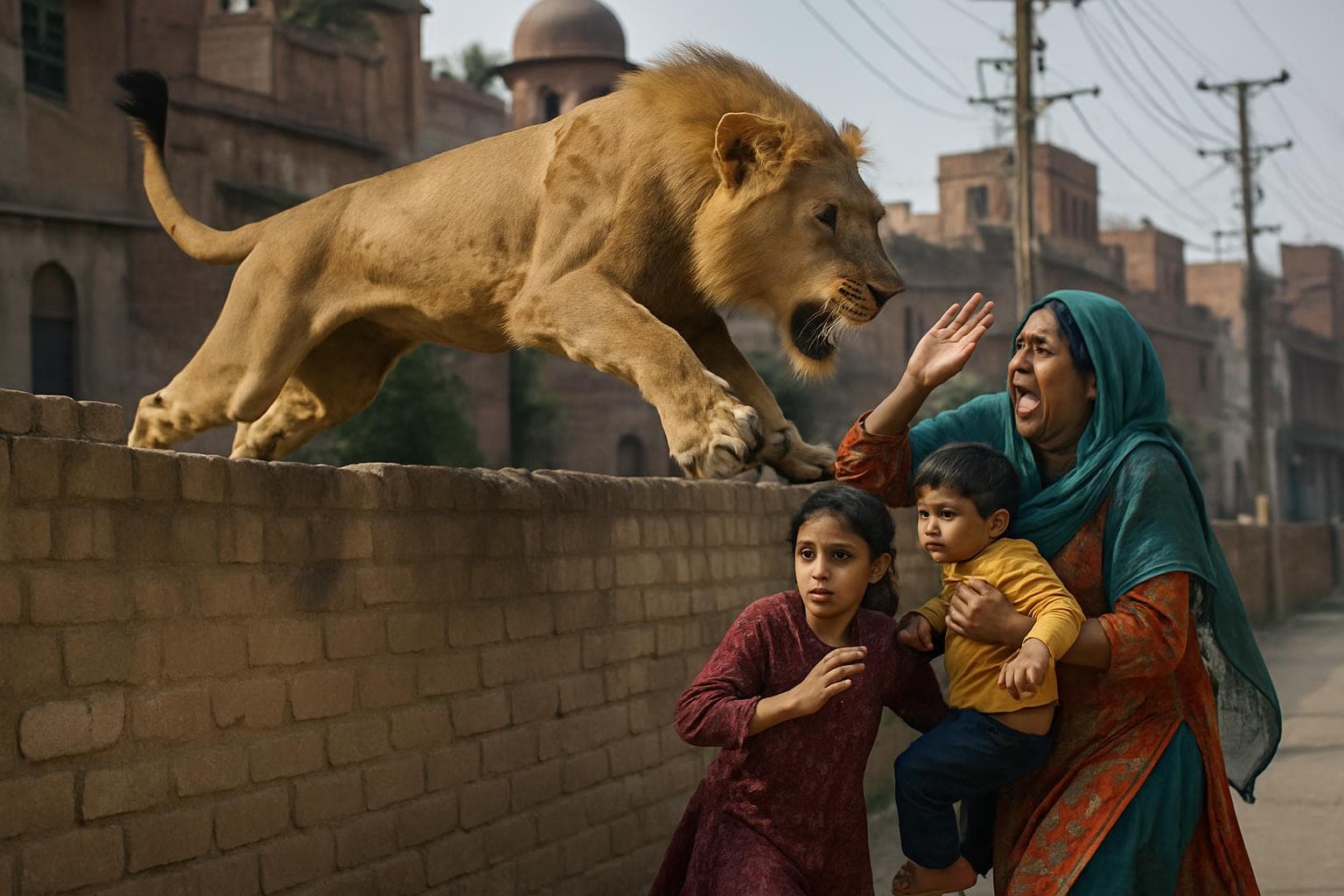 Pet lion leaping over wall in Lahore attacking woman and children