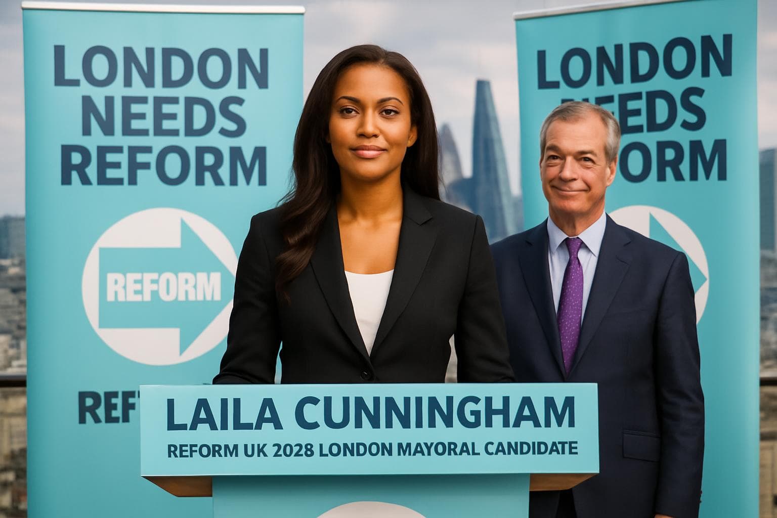Laila Cunningham at podium with Nigel Farage for Reform UK