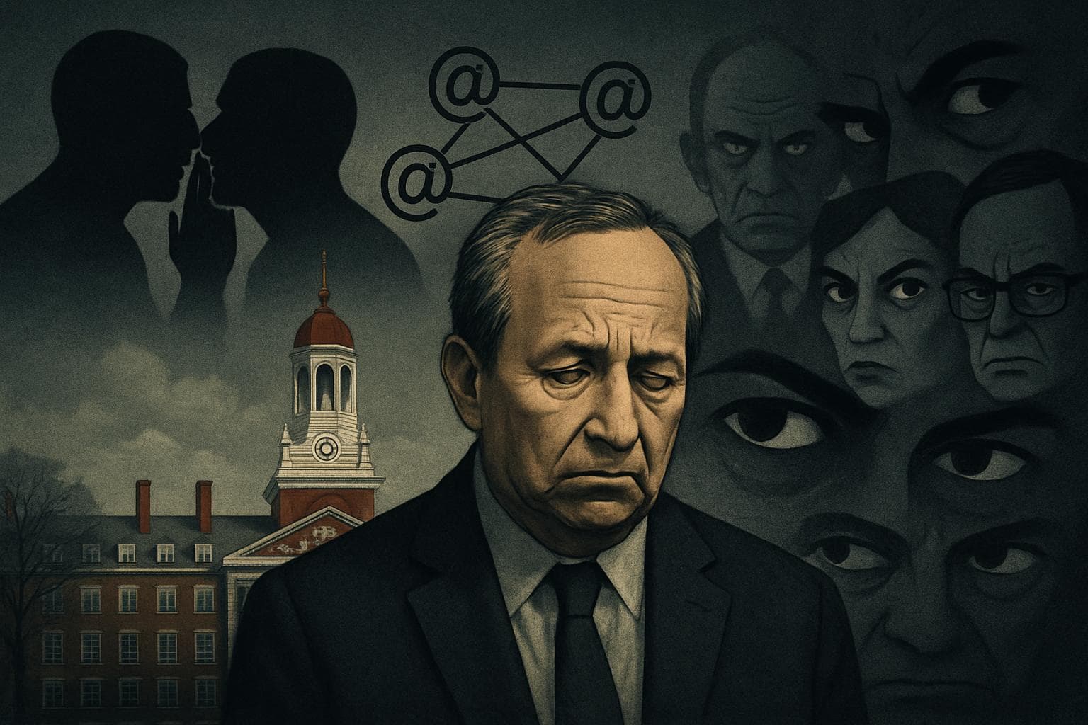 Larry Summers at Harvard with shadowy figures and email strings