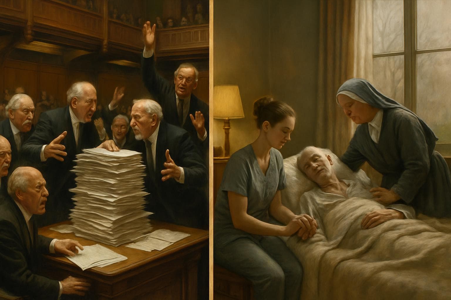 Lawmakers debating amendment papers in parliamentary chamber