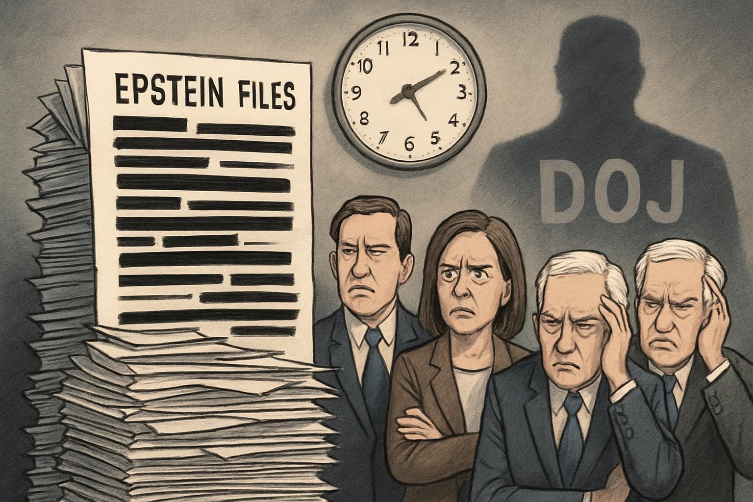 Lawmakers in formal attire with redacted Epstein files