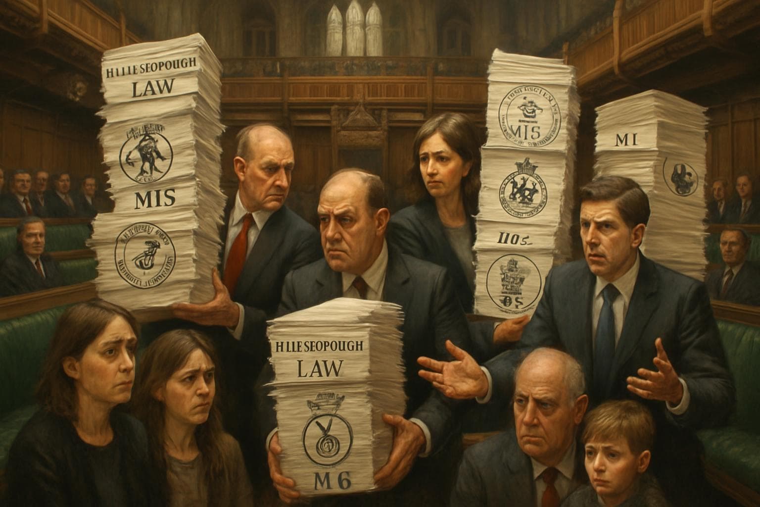 Lawmakers in a parliamentary hall with Hillsborough Law documents