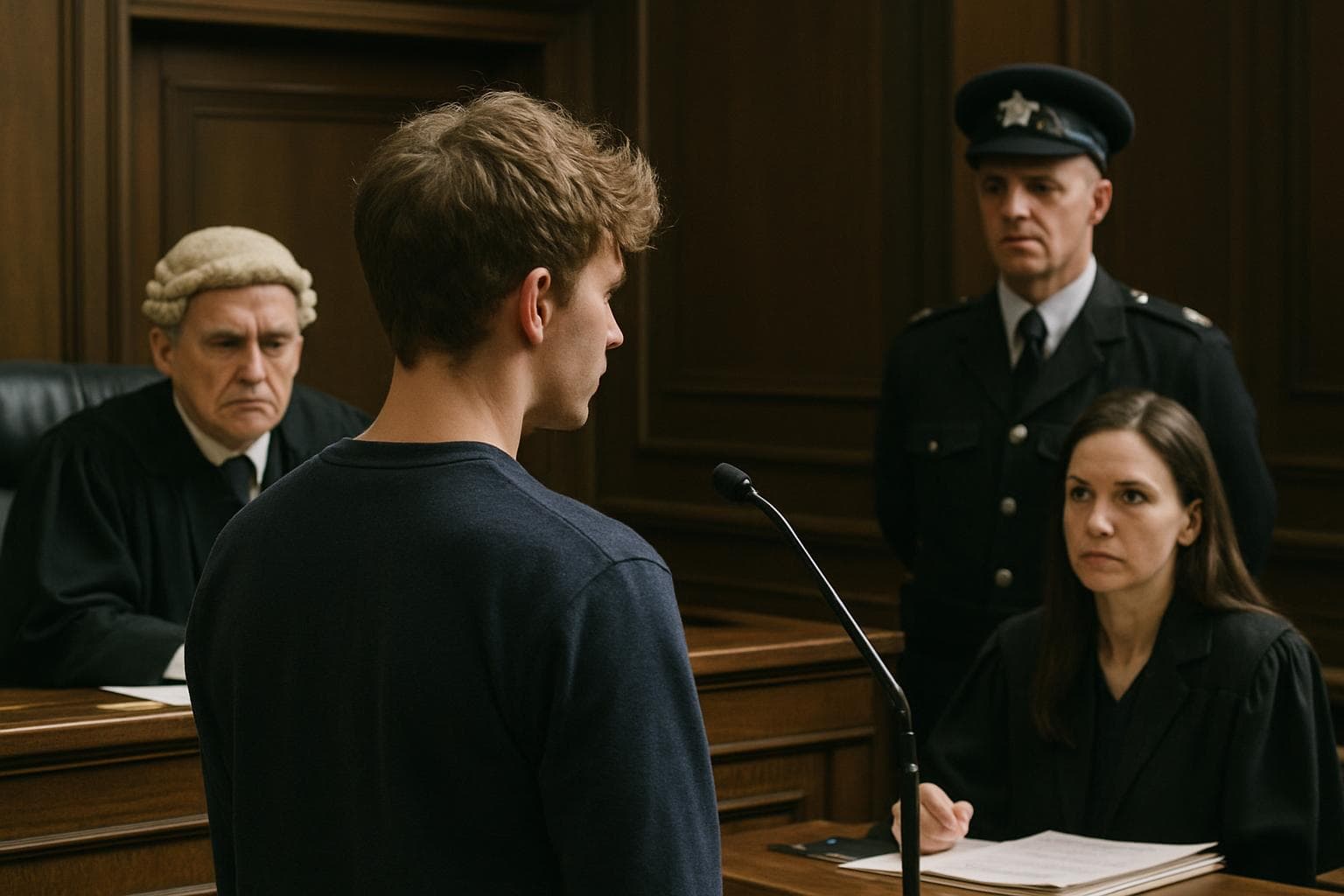 Young man in courtroom facing judge for video call charges