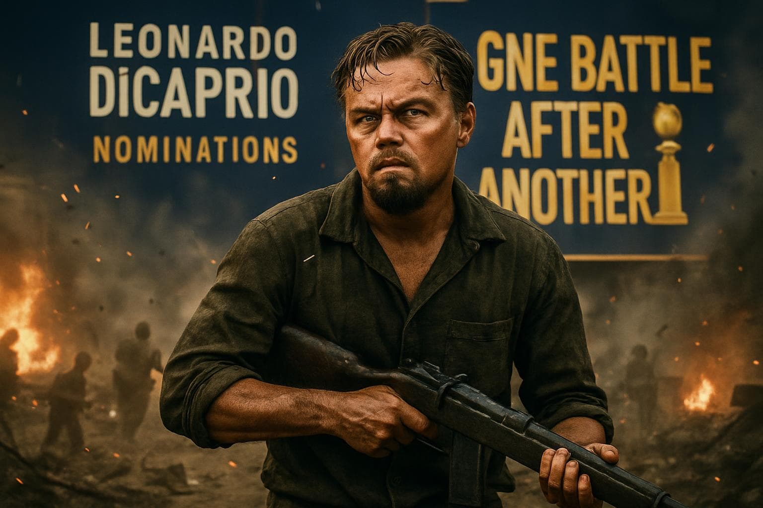 Leonardo DiCaprio as a freedom fighter in a dramatic scene