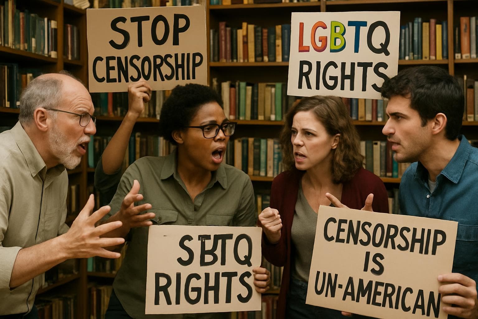 People in a library discussing censorship and LGBTQ rights