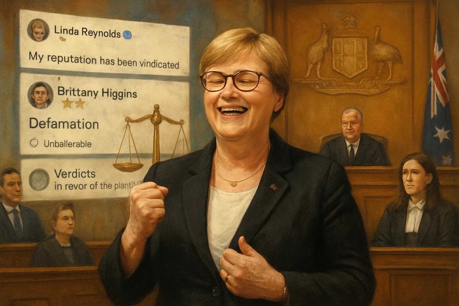 Linda Reynolds celebrating in a courtroom with justice scales