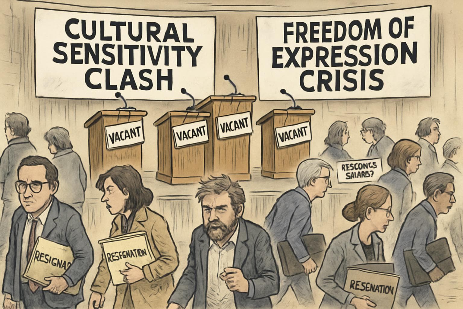 Empty podiums at a literary festival with departing writers