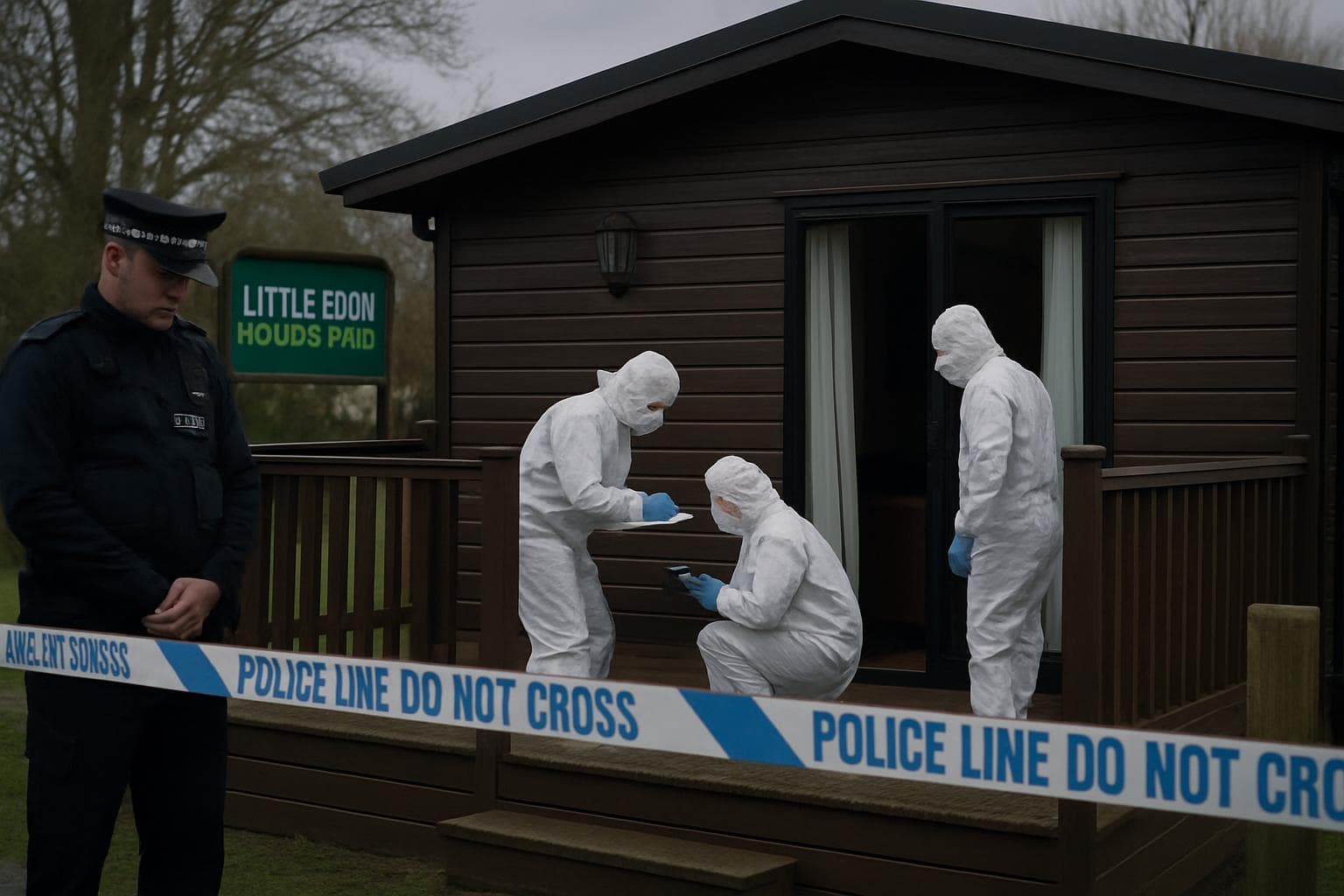 Investigators at a holiday cabin with police tape