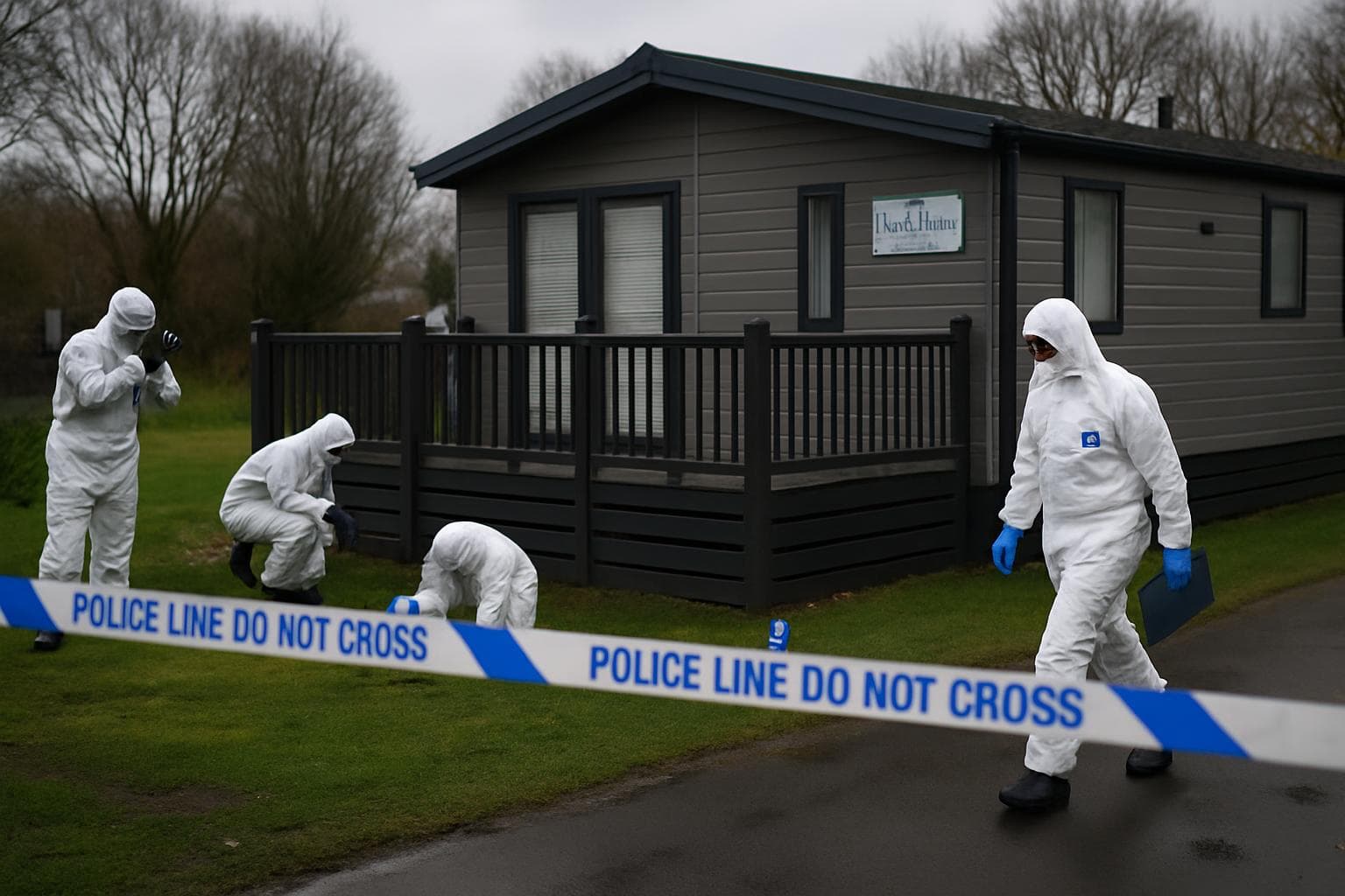 Investigators in protective gear at Little Eden Holiday Park