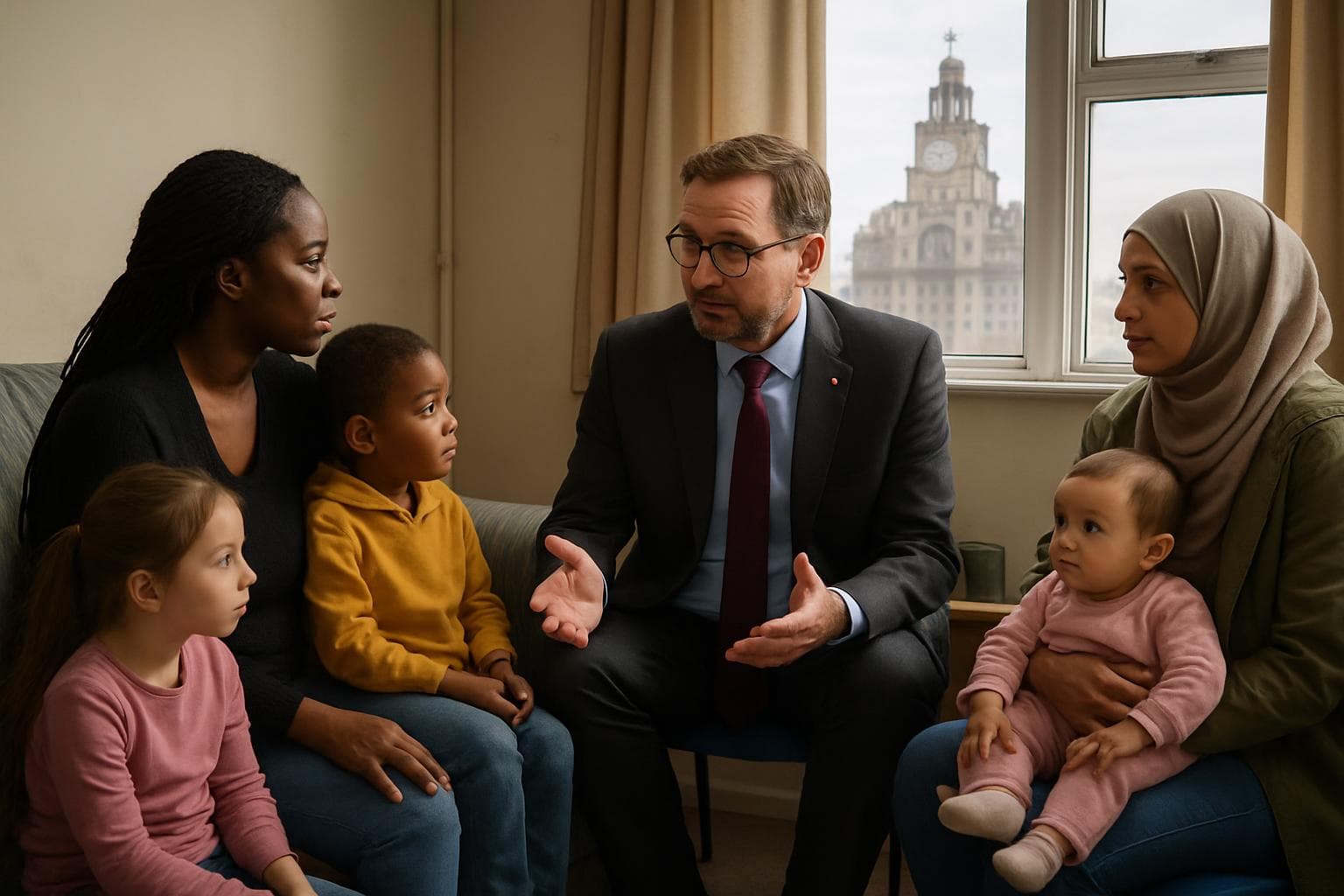 Local official in Liverpool talking with families in temporary housing