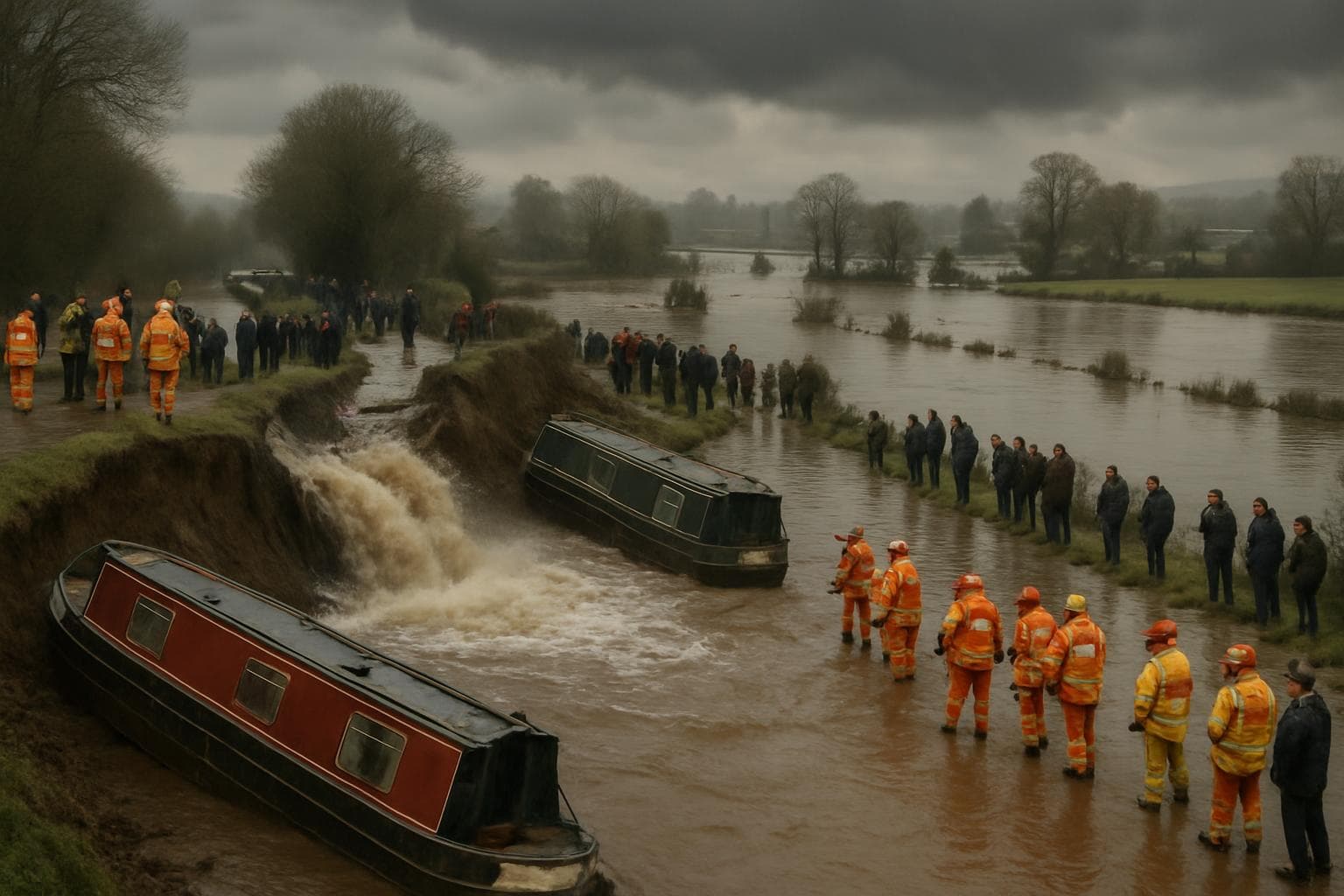 Breach in Llangollen Canal with stranded boats and flooding