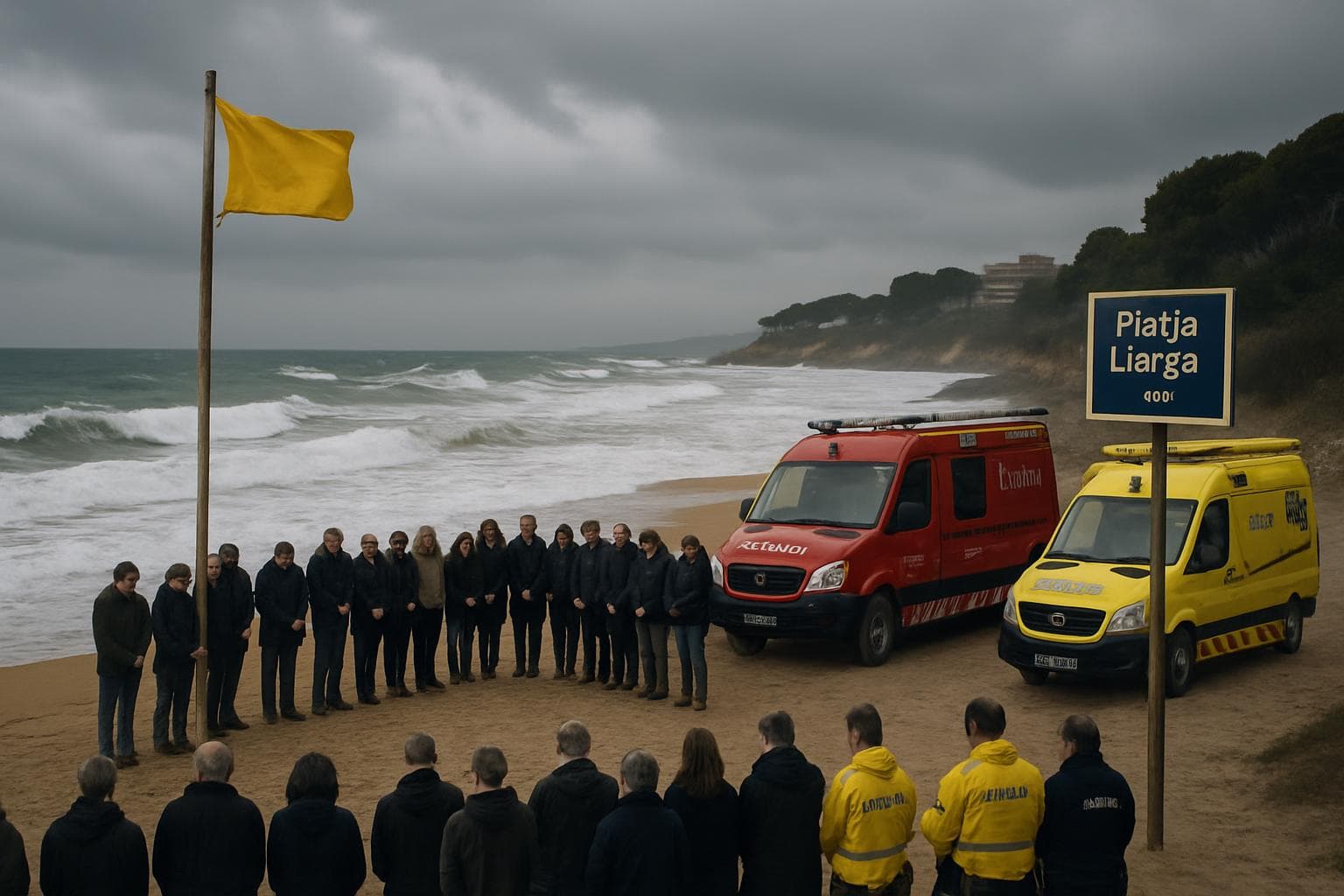 Somber scene at Llarga beach with rough seas and yellow flag