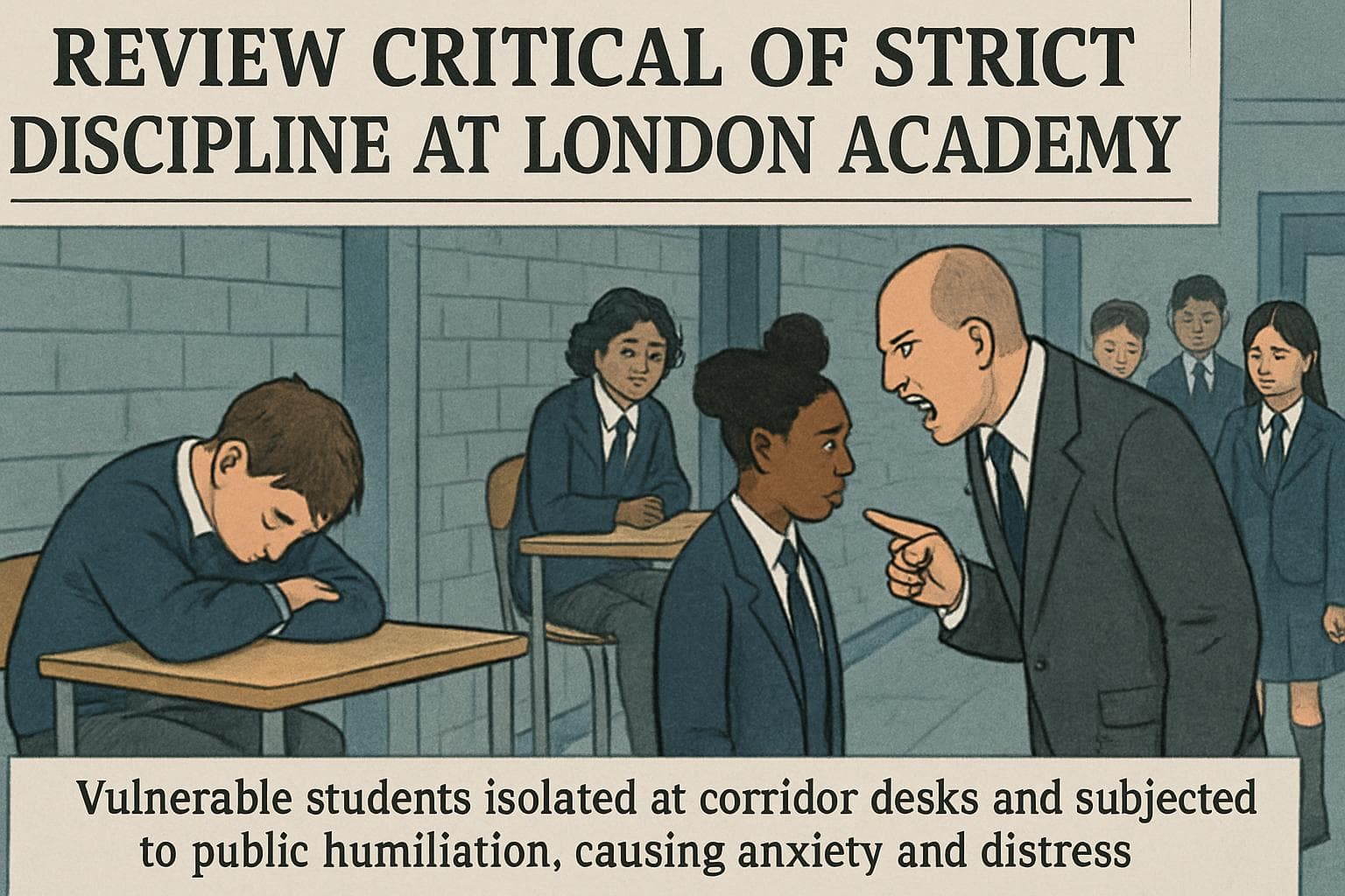 Students isolated at desks in a London academy corridor