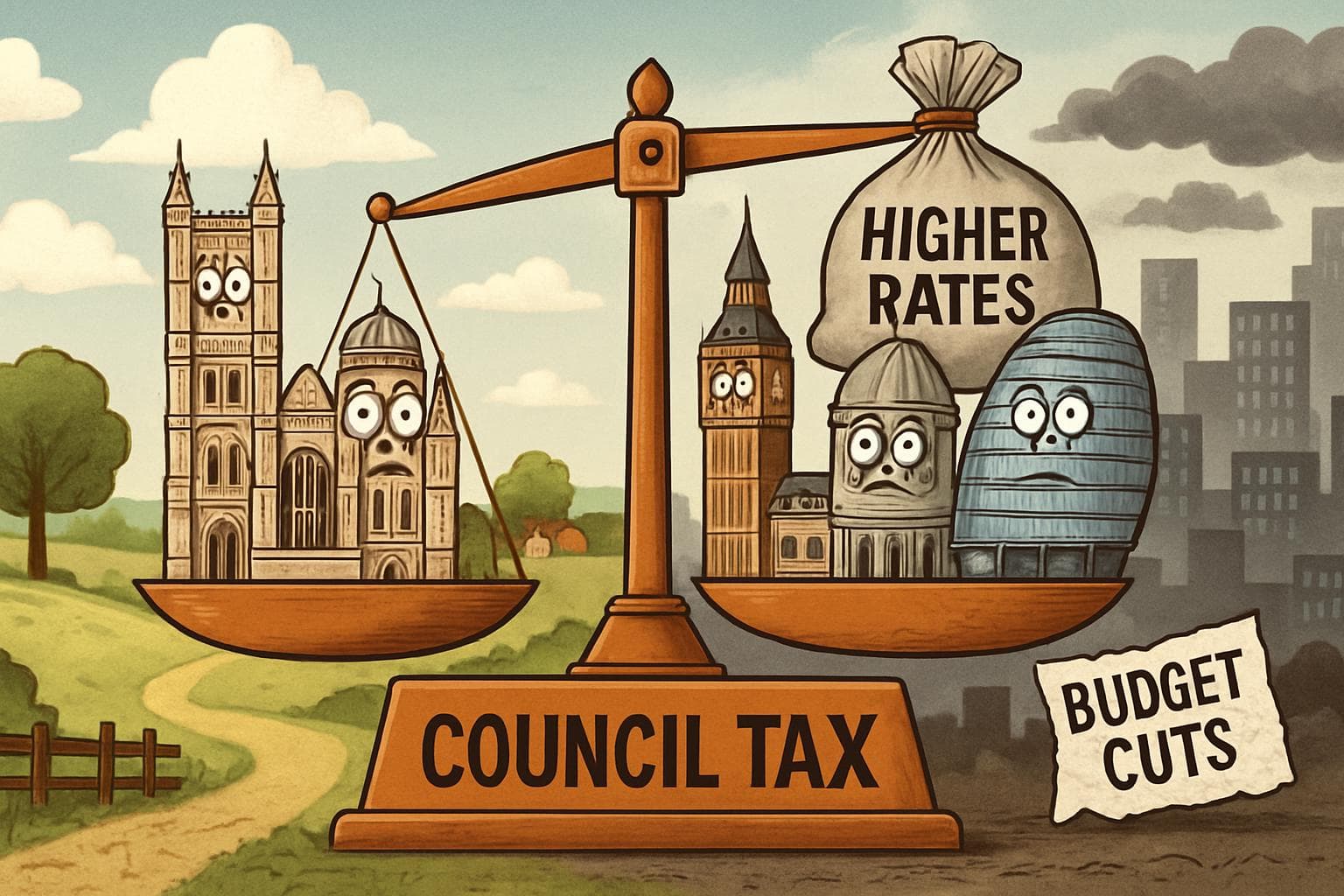 London council buildings balancing tax rates amid urban and rural settings