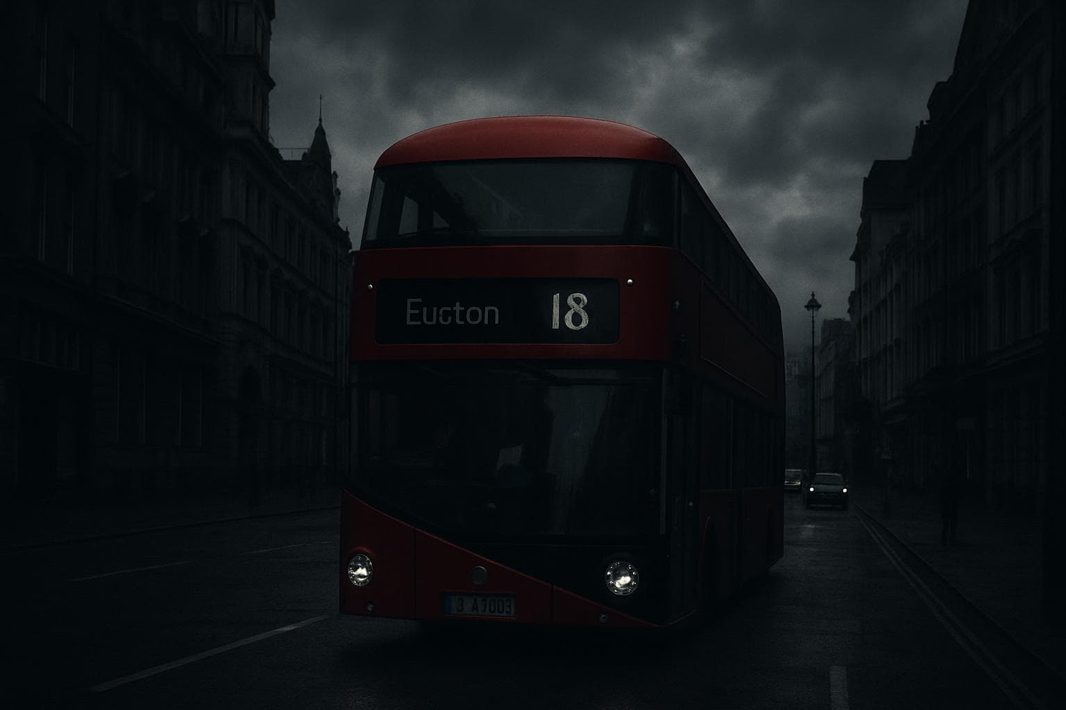 London double-decker bus on a city street with somber atmosphere
