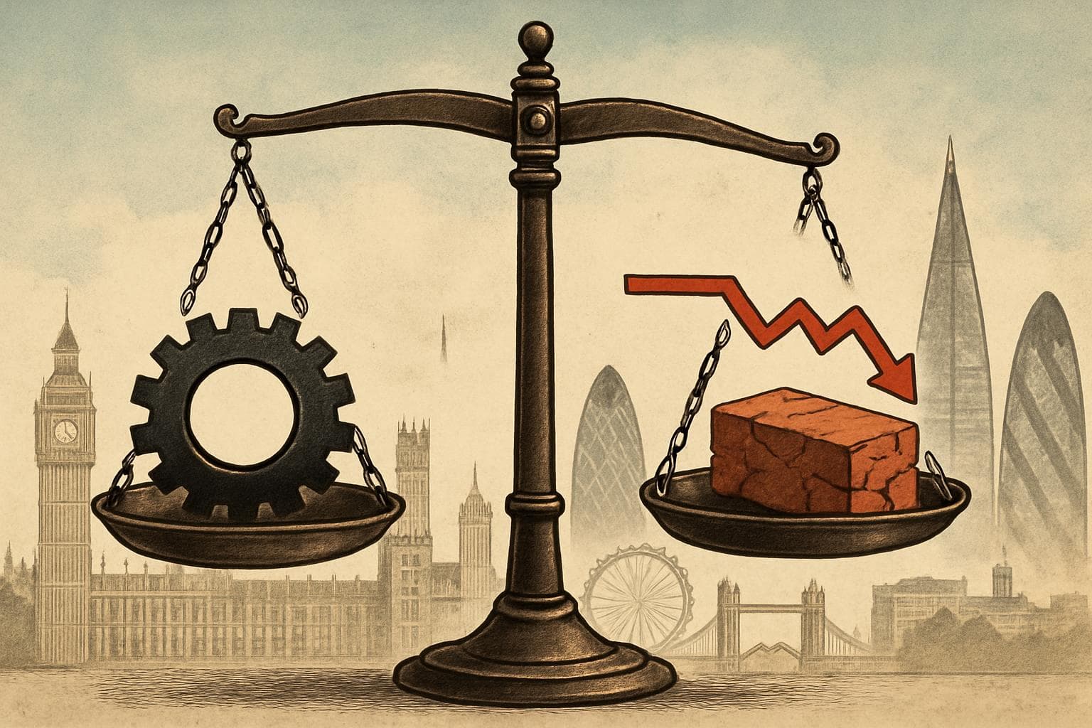 Balanced scale with London's skyline, gear, flat line, and crumbling brick