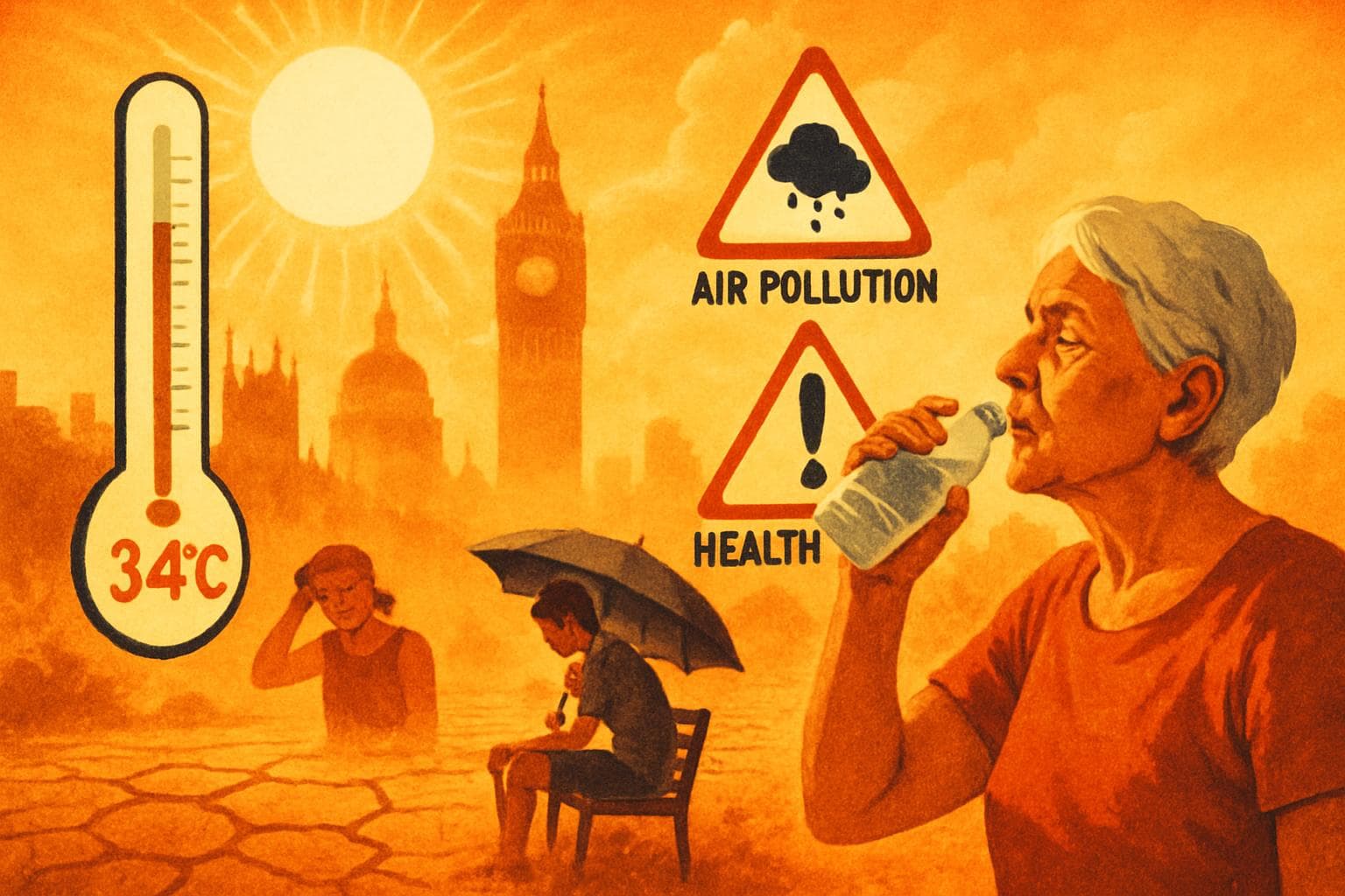 London cityscape under sun with thermometer reading 34°C