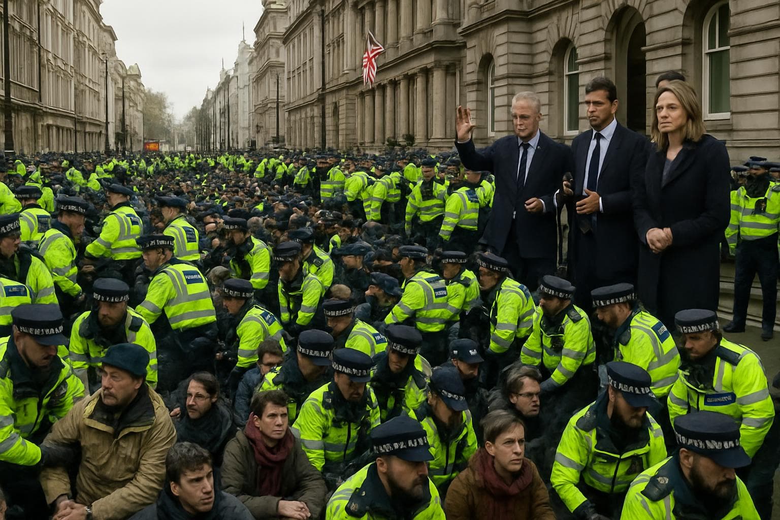 Protestors being arrested on a busy London street