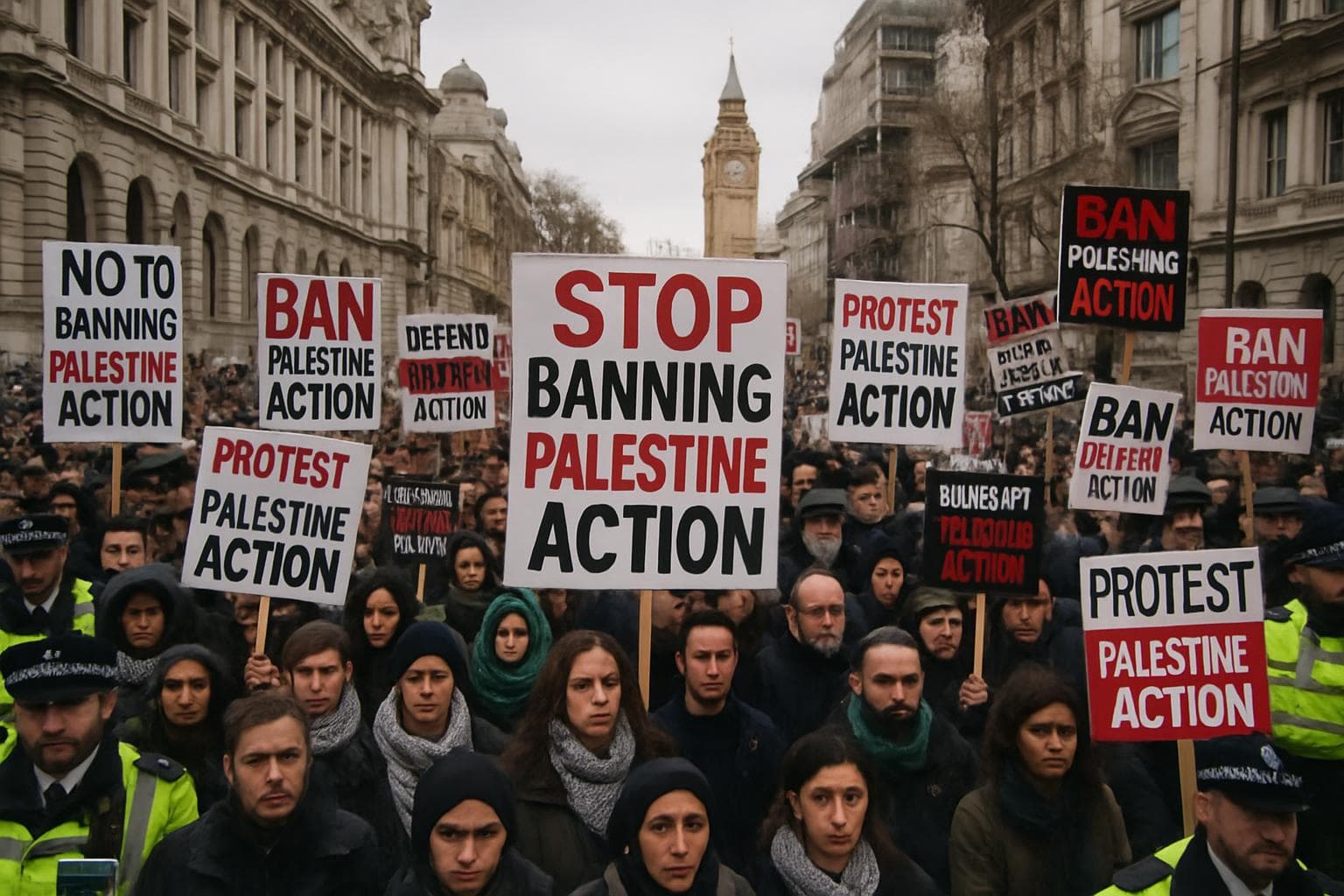 Crowd protesting in London against Palestine Action ban