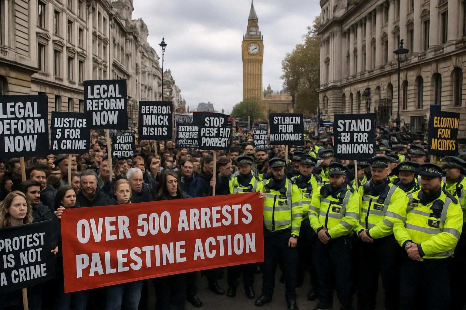 Protesters in London holding signs with police presence