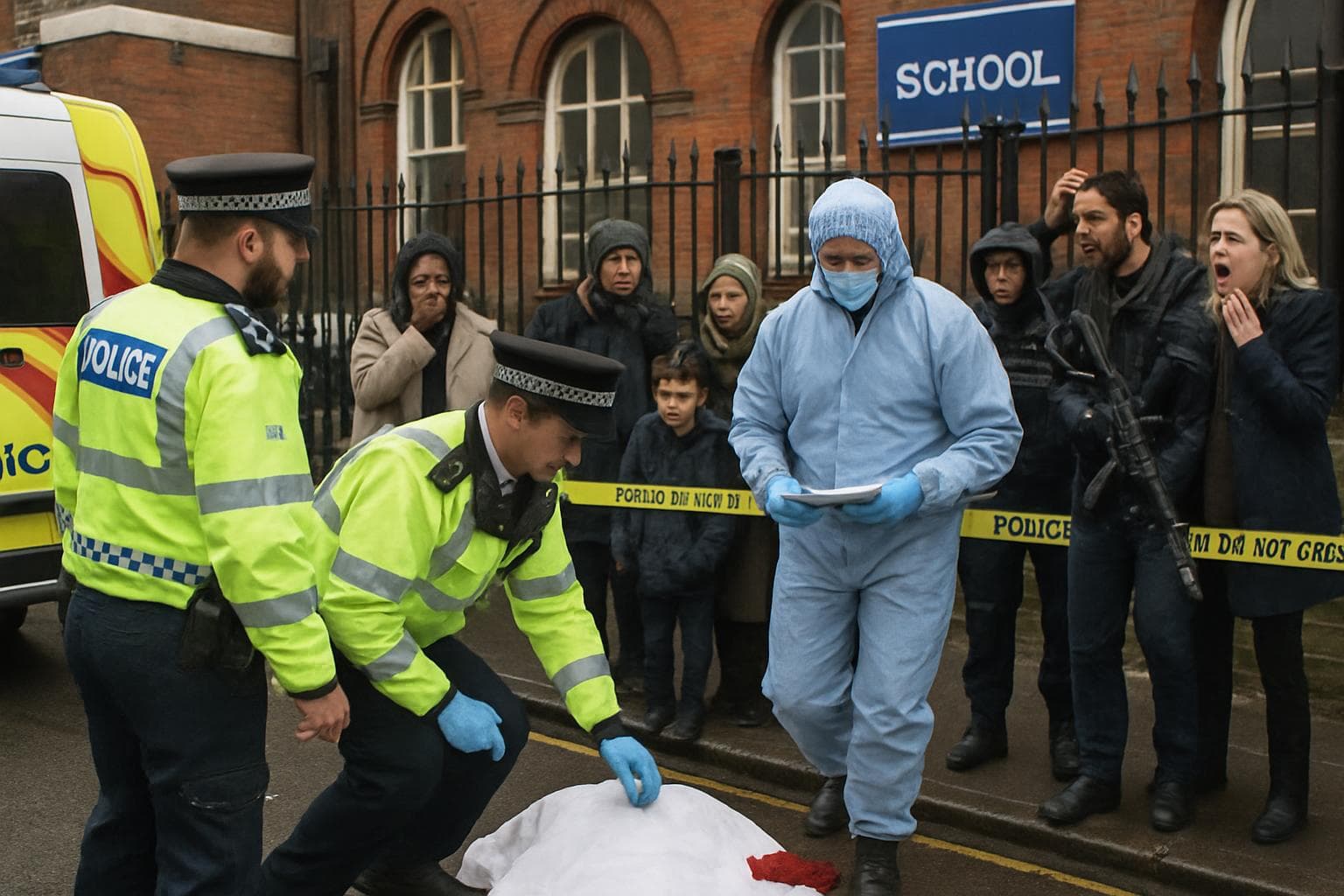 Police and officers investigating outside a London school
