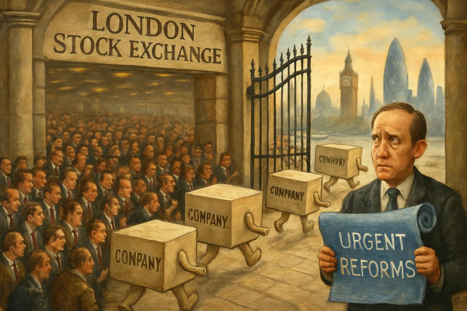 Crowded London Stock Exchange with companies exiting