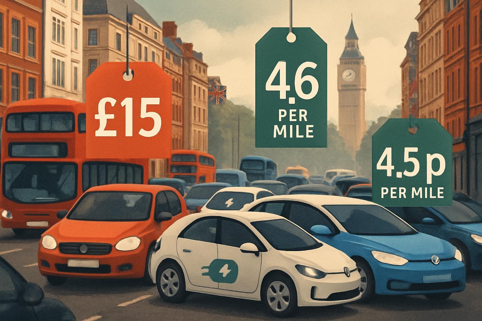 Congested London street with traditional and electric vehicles