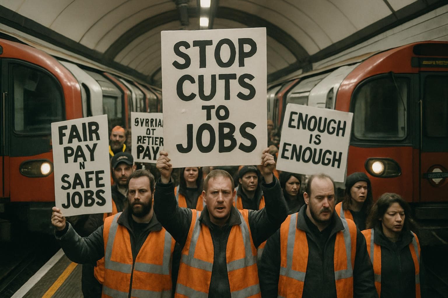 Workers holding protest signs in a stalled London Underground station.