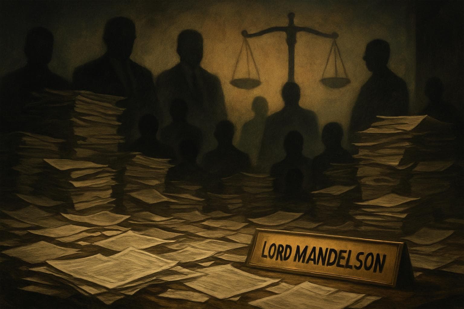 Dimly lit room with financial documents and justice scales