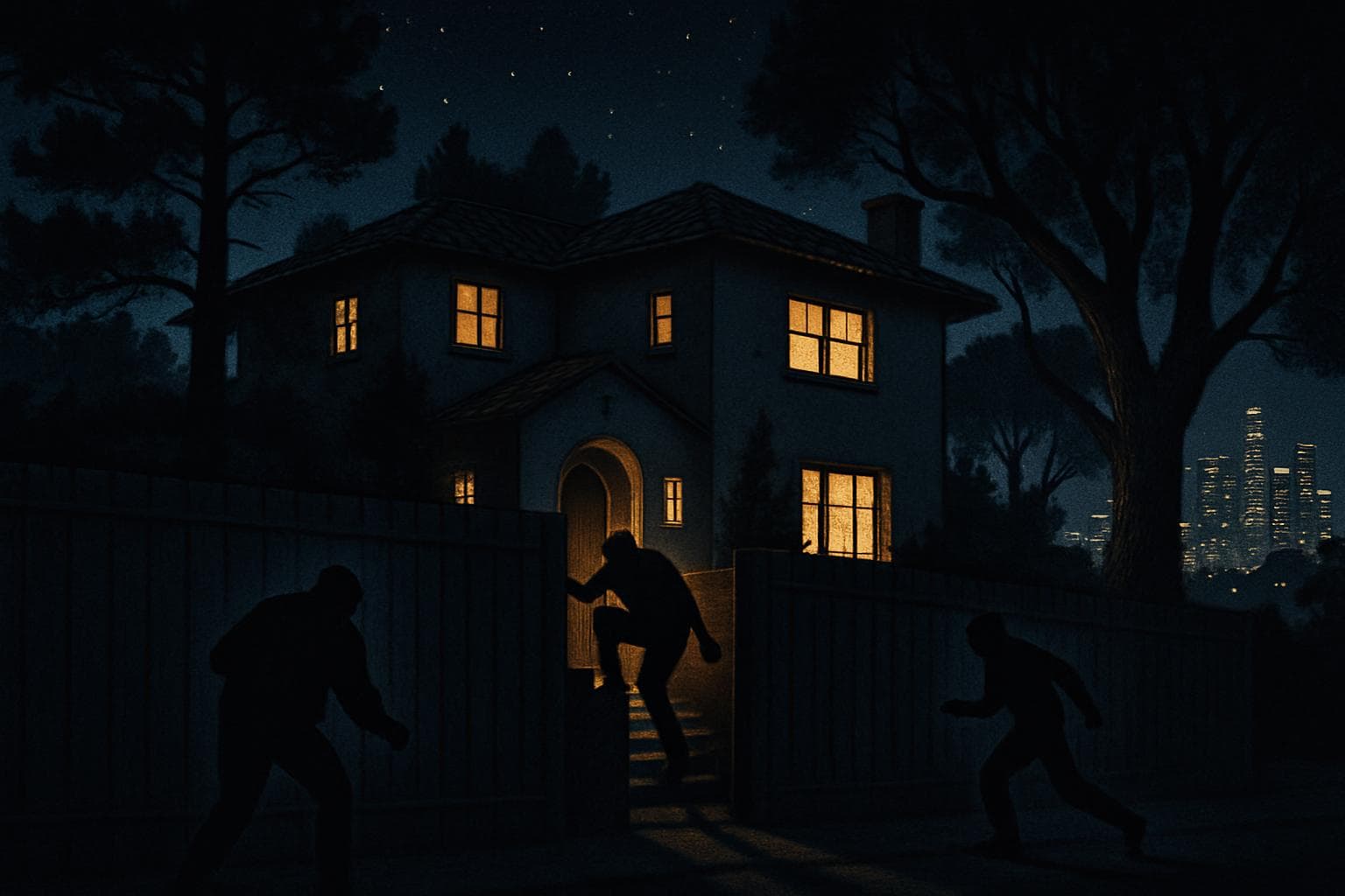 Three figures breaking into a secluded Los Angeles home at night