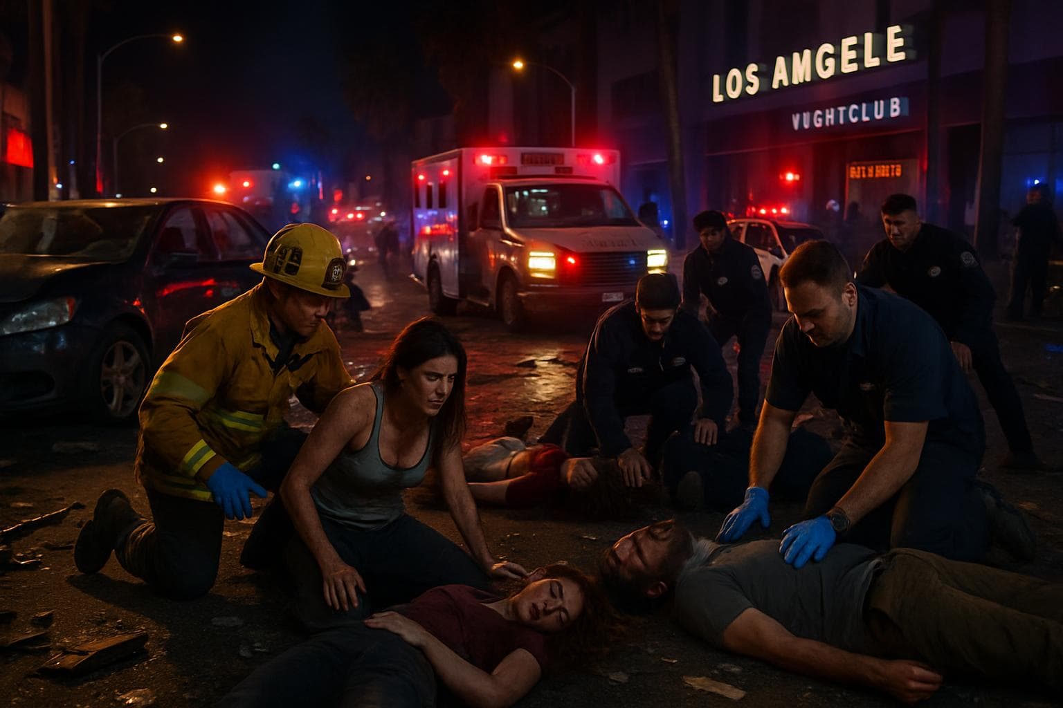 Emergency responders assist injured people on a Los Angeles street at night