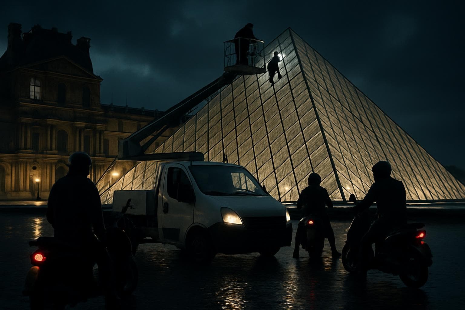 Nighttime heist at Louvre with vehicle lift and figures