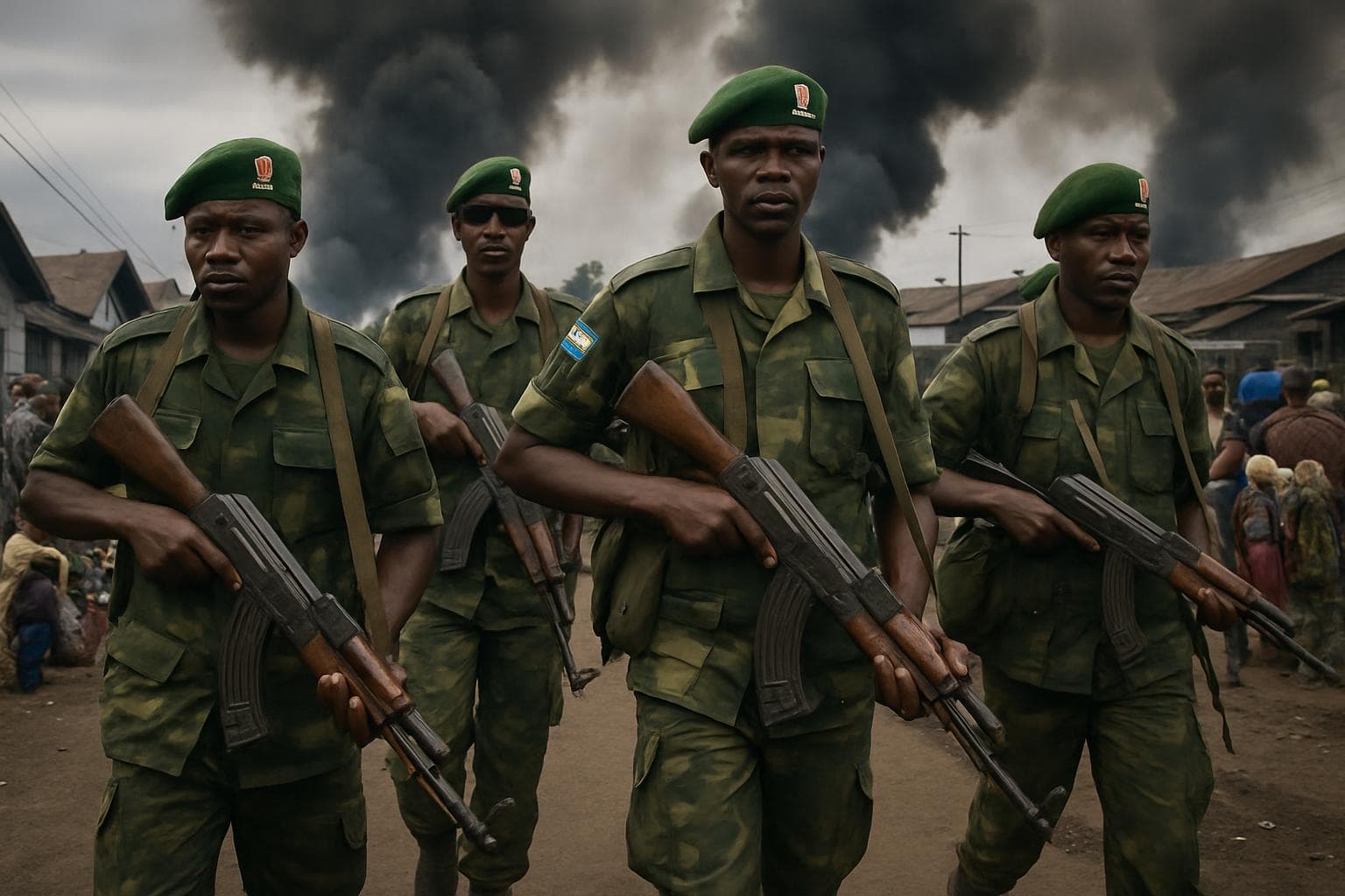 Armed M23 rebels marching through a city in DR Congo