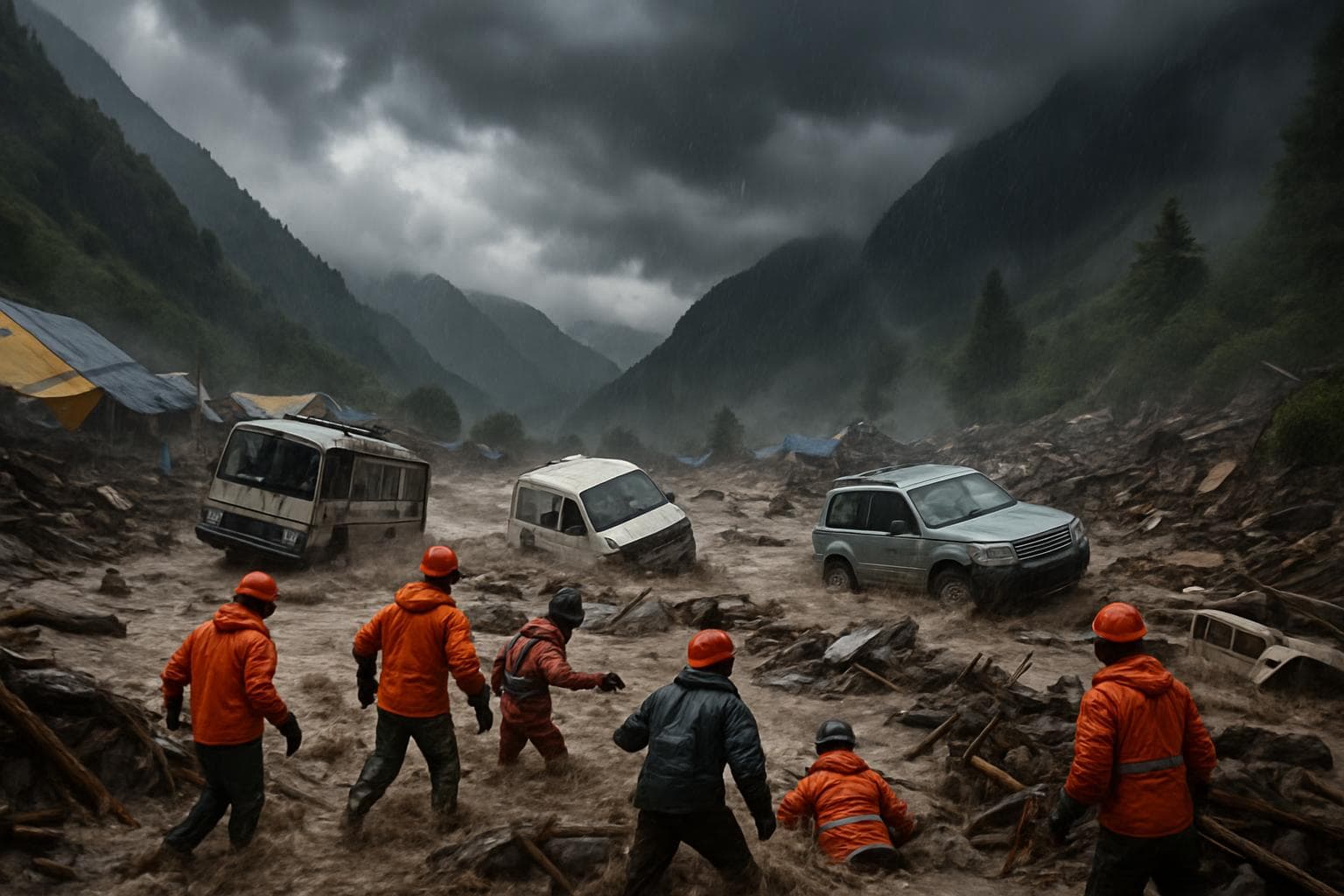 Flash floods sweeping vehicles and debris in Kashmir