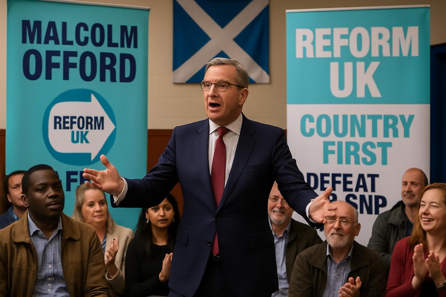 Malcolm Offord speaking to an audience with Reform UK banners.