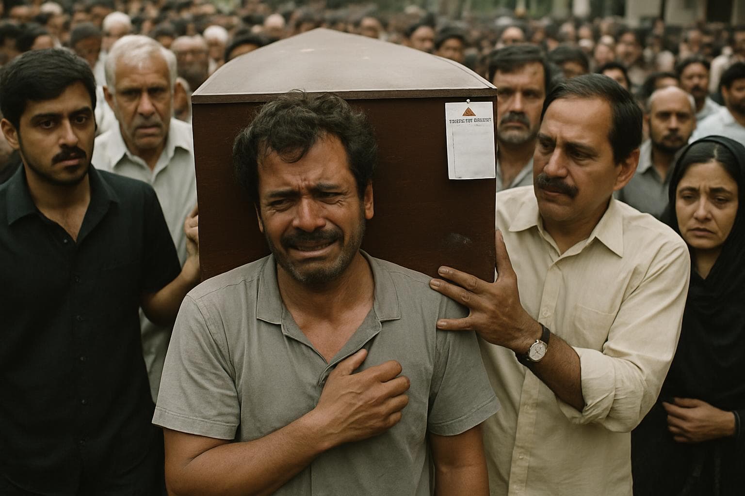 Man carrying a coffin during a funeral procession