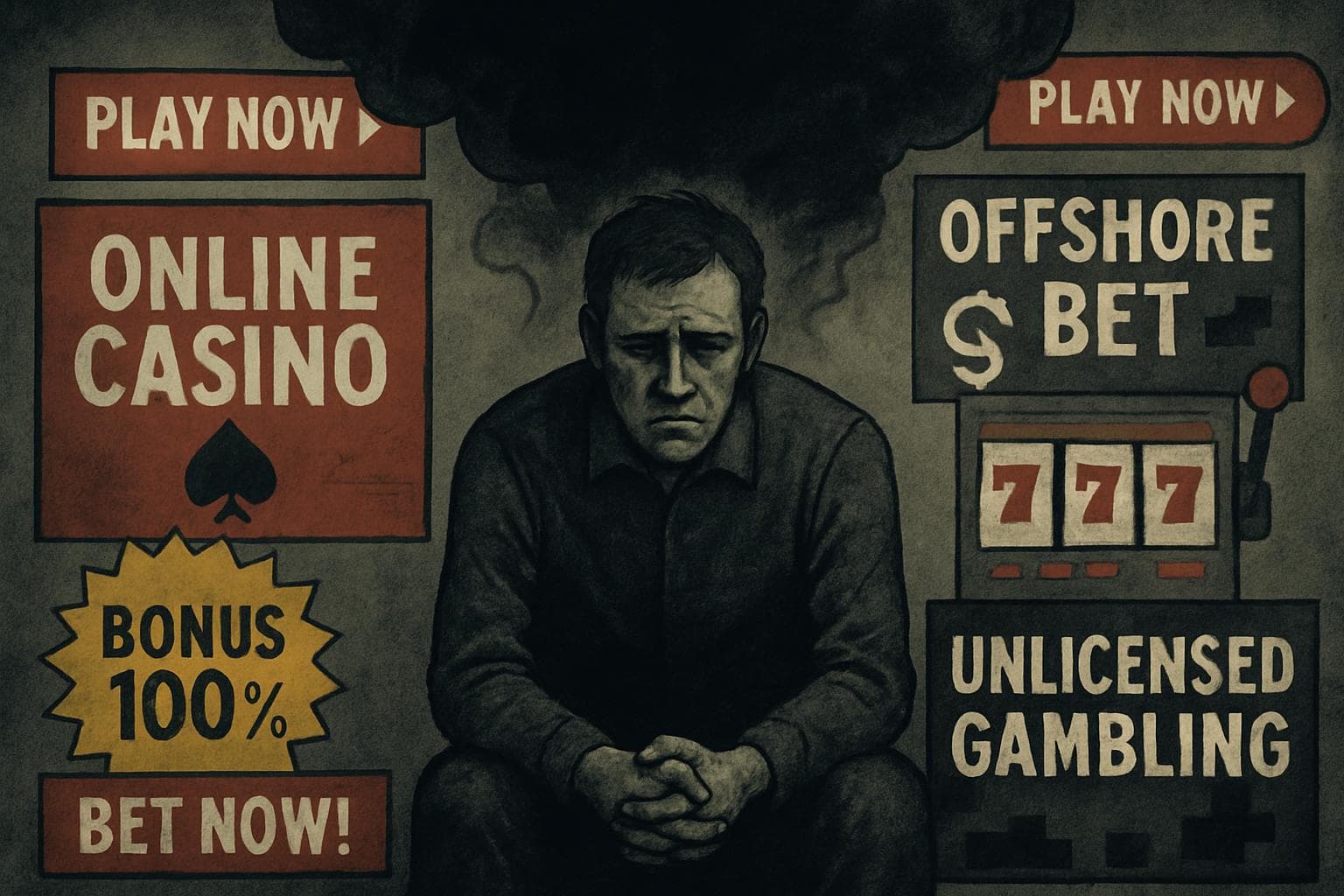 Man with somber expression surrounded by gambling ads