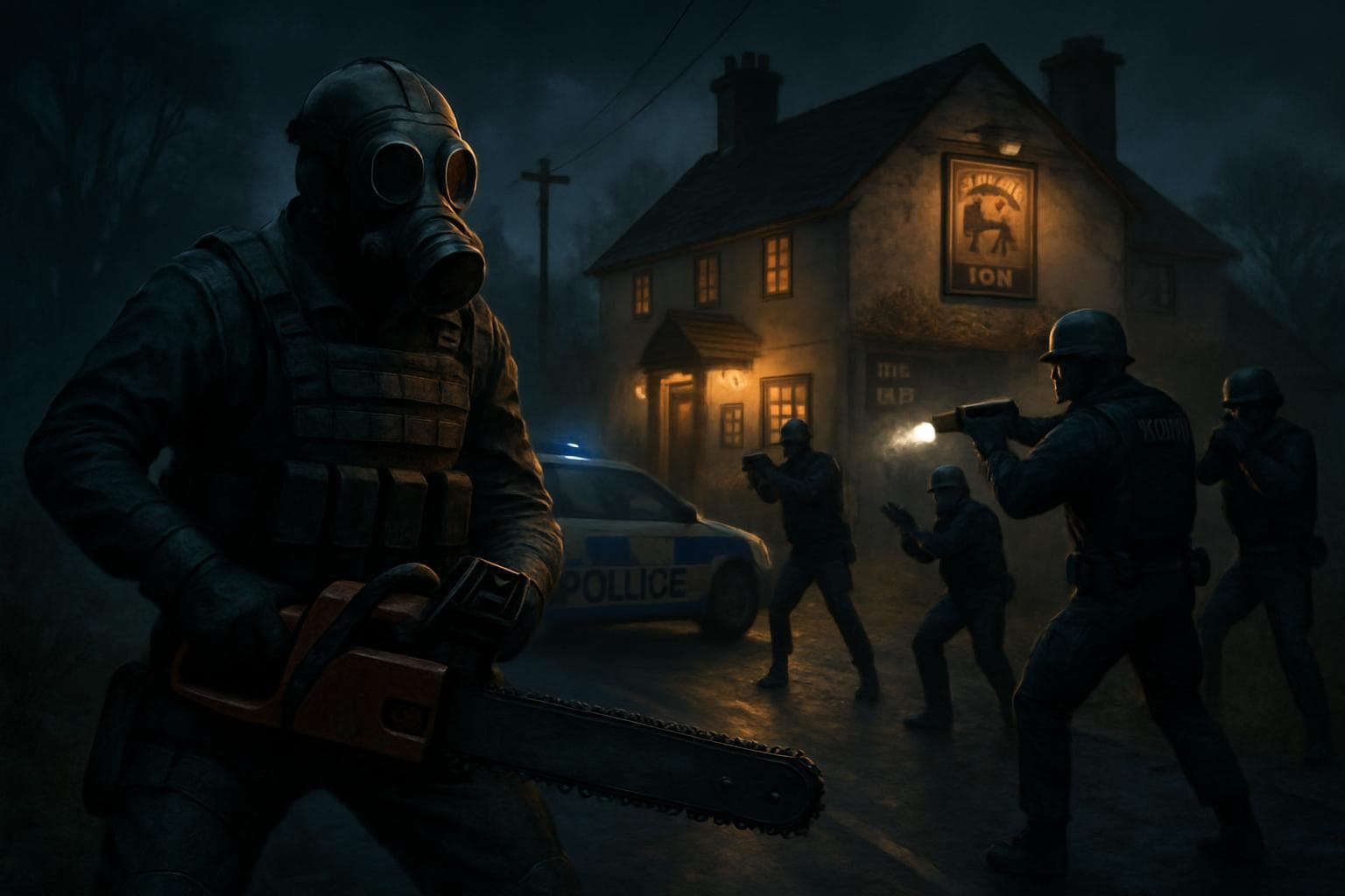 Man in gas mask with chainsaw facing police near rural inn