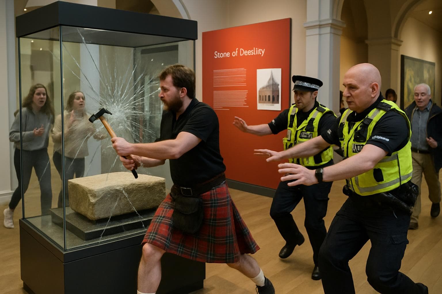Man in kilt trying to break glass case at Perth Museum