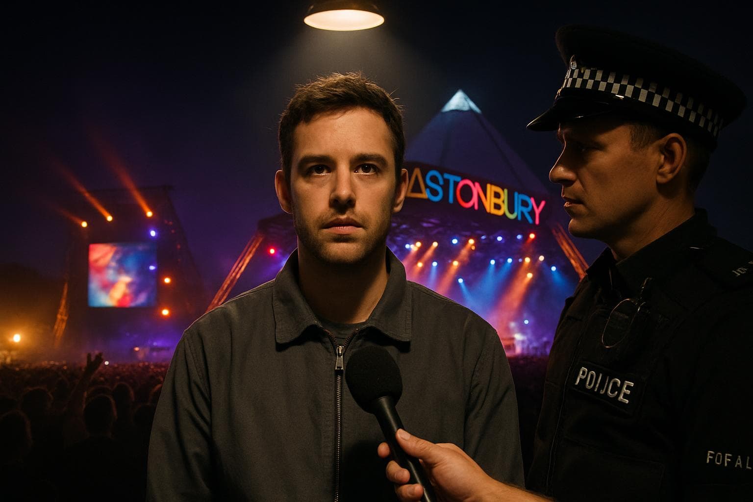 Man in spotlight at police interview with festival stage