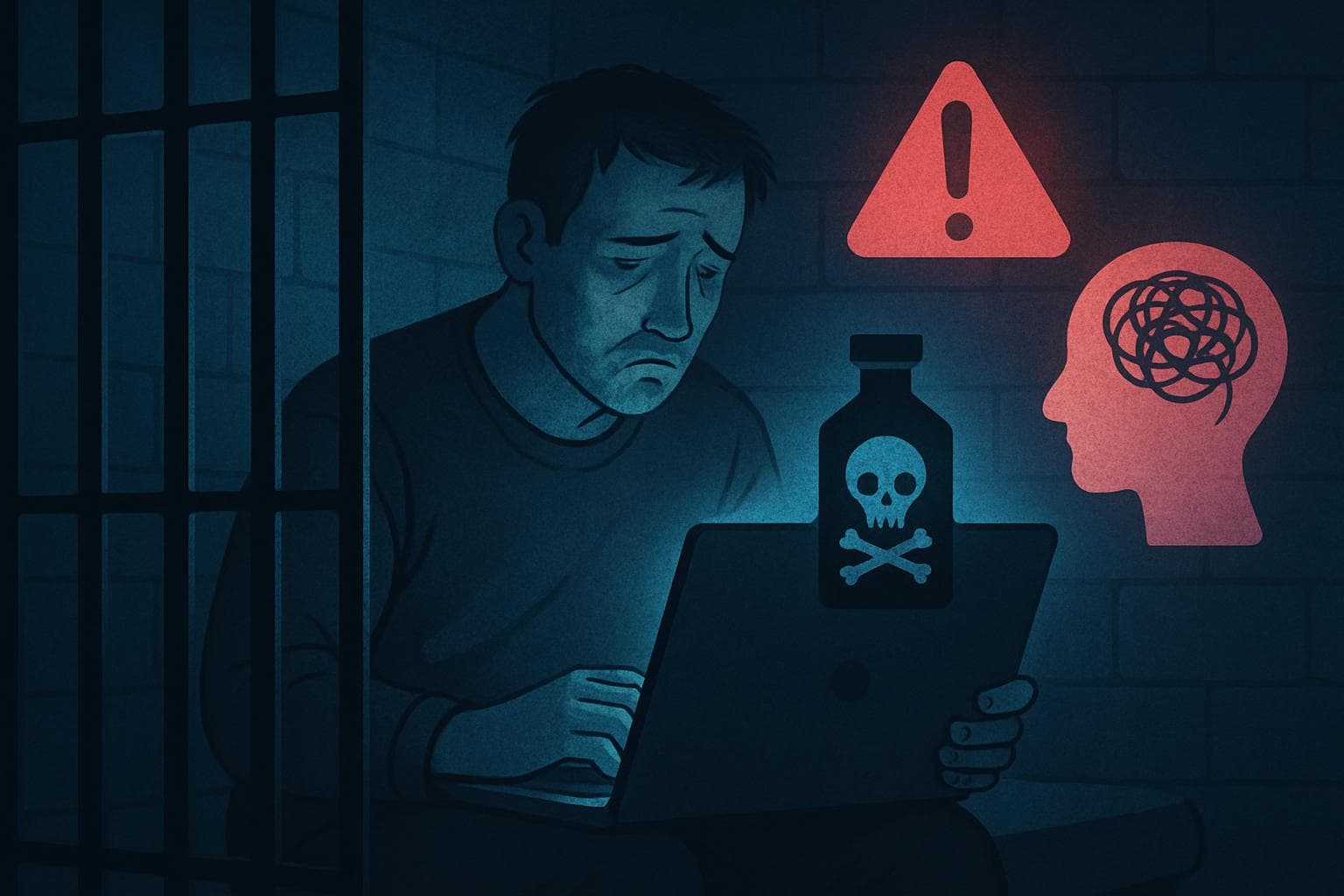 Man in a dark prison cell holding a computer