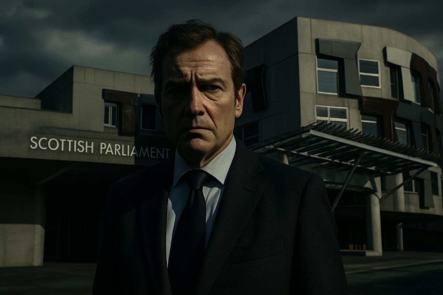 Middle-aged man in suit in front of Scottish Parliament