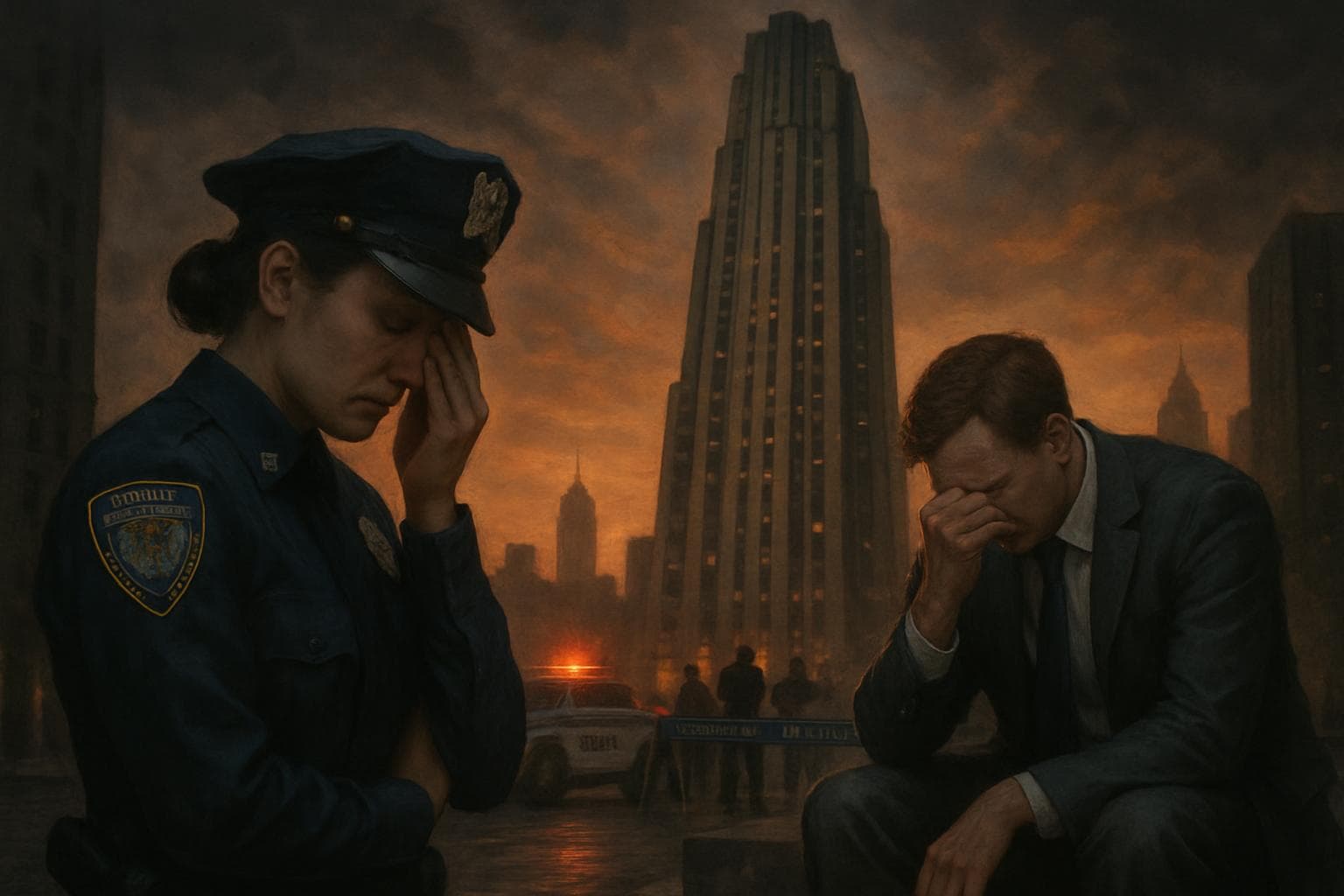 Manhattan skyscraper with grieving figures and police activity