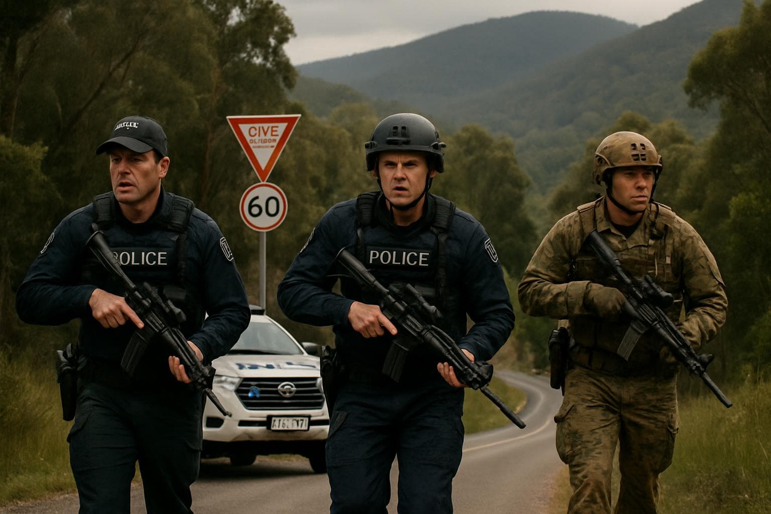 Police conducting a manhunt in rural Victoria, Australia