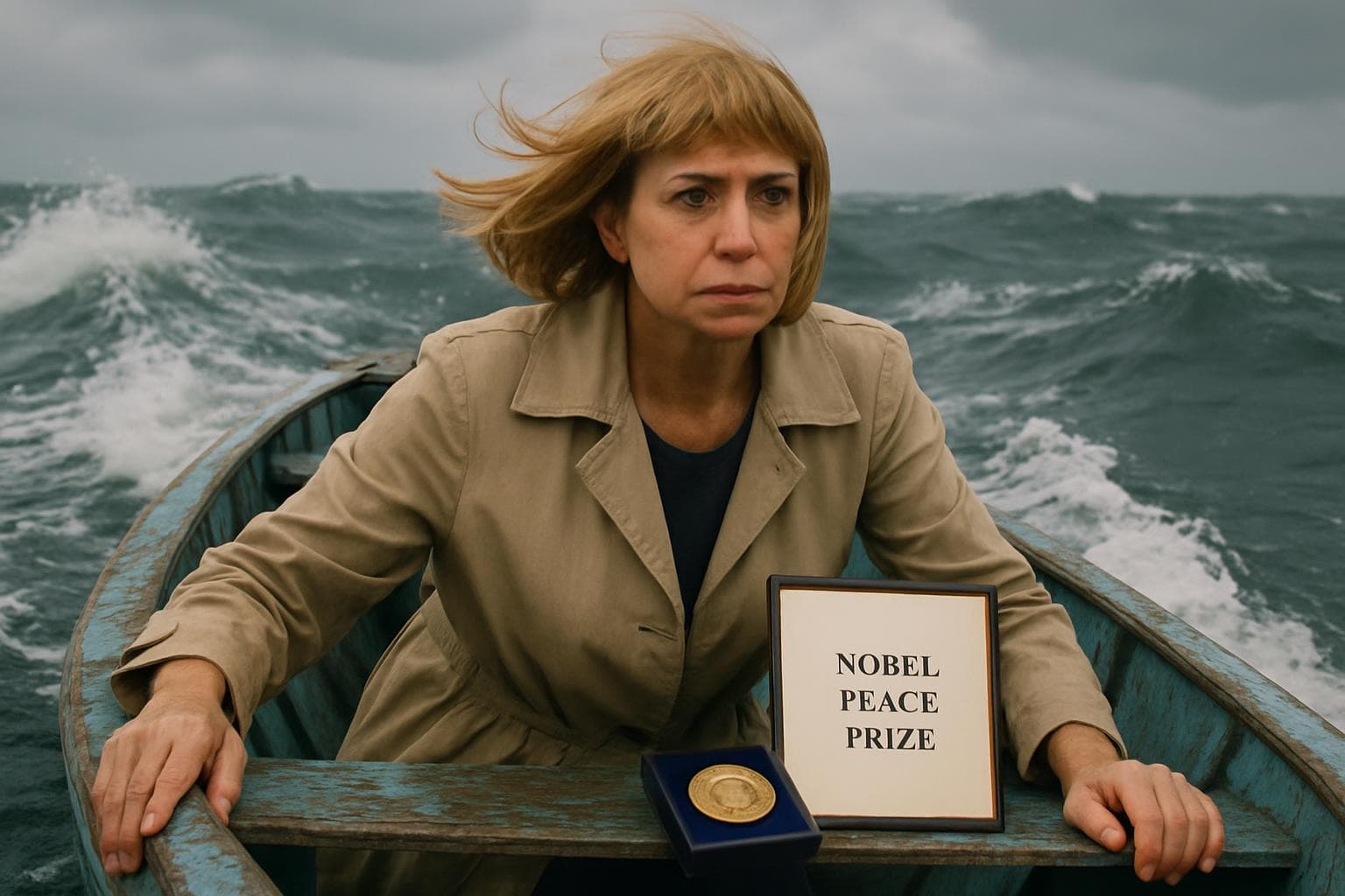 María Corina Machado in a fishing skiff on the sea