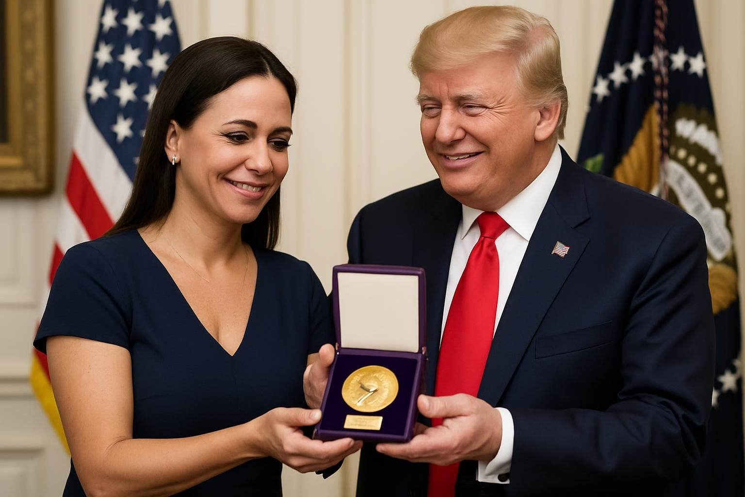 María Corina Machado presenting Nobel Prize to Donald Trump